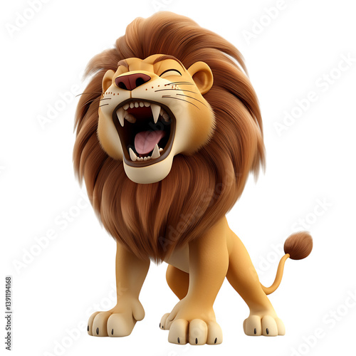 A 3D Cartoon Lion Roaring with Flowing Mane Isolated on Transparent Background