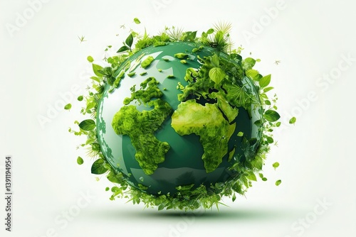 3D illustration of a green planet Earth with vegetation, isolated on a white background. This represents the concept of a green world