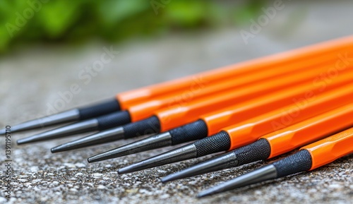 Closeup of several orangehandled metal punches