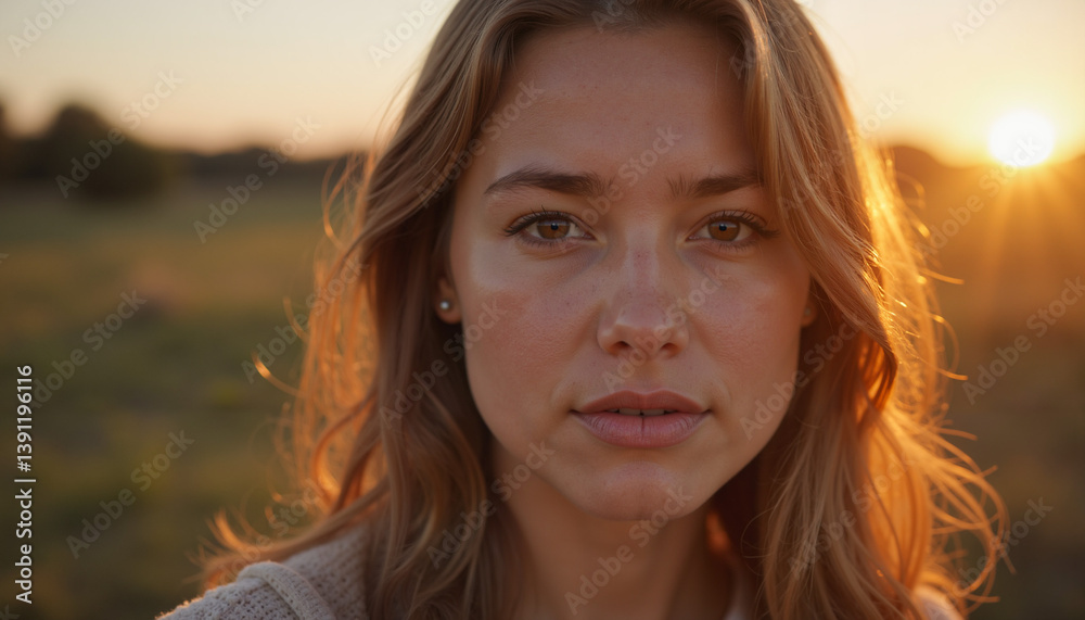 Woman in natural light looking contemplative in a sunset field Woman in natural light looking contemplative in a sunset field