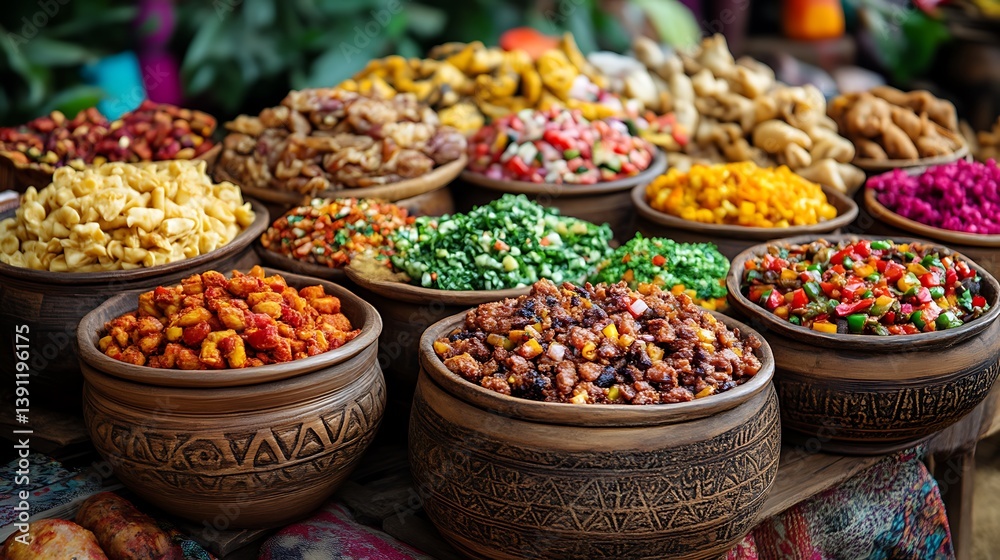 Fototapeta premium Colorful bowls of various foods at a market.