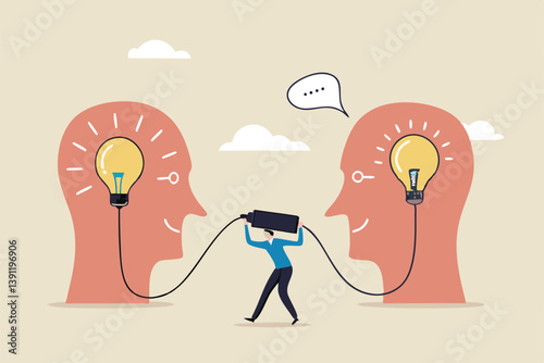 Communication for success, connect idea or understanding, agreement or solving problem together, cooperation or collaboration concept, businessman connect to bright up lightbulb idea on human head.