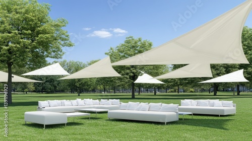 A contemporary outdoor living area with white furniture and canopies