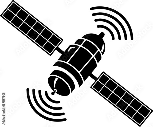 Vector icon of satellite with solar panels and signal waves