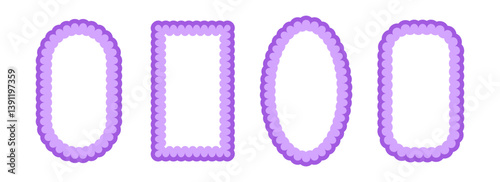 Purple frill pattern frame set. Cute scalloped ellipse and rectangle border collection. Wavy lace edge shape in rococo style for decoration, poster, banner. Wiggly coquette element pack. Vector