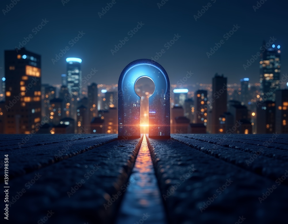 Fototapeta premium Glowing lightbulb with portal in city