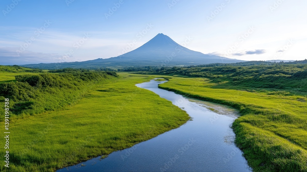 Fototapeta premium Serene landscape with a winding river, lush greenery, and a majestic volcano in the distance