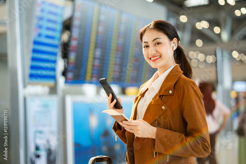 Portrait of confident young businesswoman smiling at camera ready traveling business trip with holding passport with ticket boarding pass and smartphone at the international airport terminal.