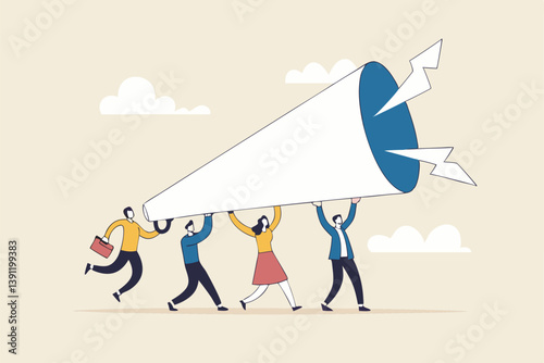 Marketing communication, announce promotion or communicate with employees, community or organization speech, loud voice or announcement concept, business people PR public relation shout on megaphone.