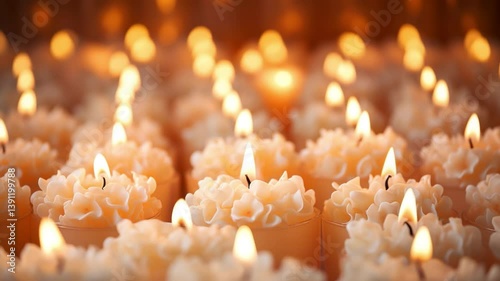 Illuminating Serenity: A close-up view of numerous softly glowing candles arranged in rows, creating a warm and inviting atmosphere of peaceful reflection.