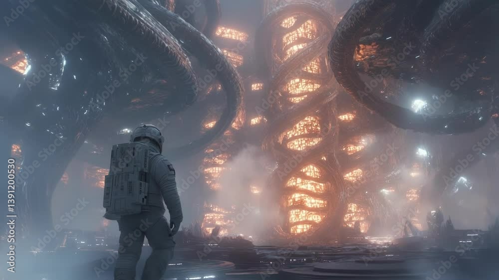 Lone astronaut traversing barren planetary landscape, approaching luminous alien structure with misty atmosphere swirling around rocky base, evoking mysterious cosmic exploration narrative
