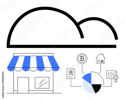 Cloud above storefront connects data analytics, cryptocurrency, certifications, real estate, and chart insights. Ideal for business, fintech, cloud computing, real estate analysis finance
