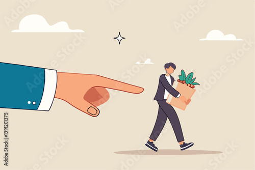 Fired employee, layoff or dismissal worker, misconduct or underperform staff, failure or trouble employment, jobless or unemployment concept, boss pointing finger to fires, layoff misconduct employee.