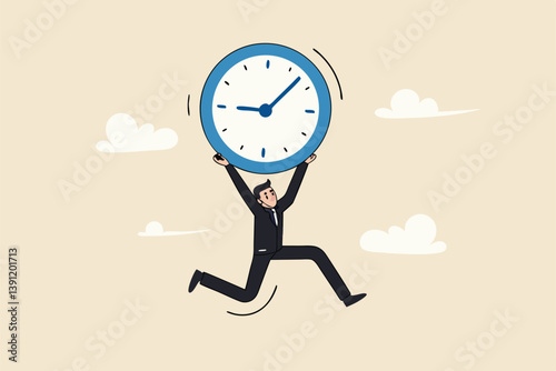 Steal time, productivity or procrastination problem, work efficiency to finish in deadline, strategy or accomplishment concept, burglar thief stealing time clock and run away.