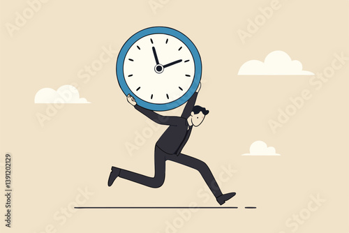 Steal time, productivity or procrastination problem, work efficiency to finish in deadline, strategy or accomplishment concept, burglar thief stealing time clock and run away.