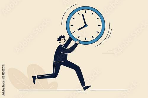 Steal time, productivity or procrastination problem, work efficiency to finish in deadline, strategy or accomplishment concept, burglar thief stealing time clock and run away.