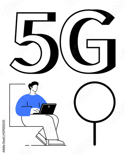 Person working on laptop illustrating connectivity and technology. Ideal for communication, internet speed, innovation, modern devices, networking, tech advancement, flat simple metaphor