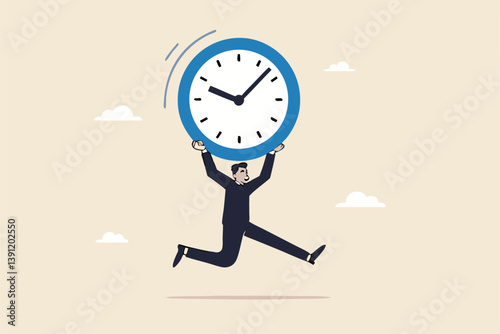 Steal time, productivity or procrastination problem, work efficiency to finish in deadline, strategy or accomplishment concept, burglar thief stealing time clock and run away.