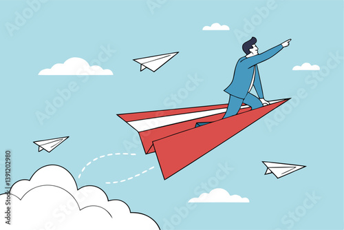 Leadership to guide team direction lead to success, determination or decision to motivate team, power to control or influence people concept, confident businessman lead other paper airplane origami.