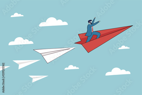 Leadership to guide team direction lead to success, determination or decision to motivate team, power to control or influence people concept, confident businessman lead other paper airplane origami.