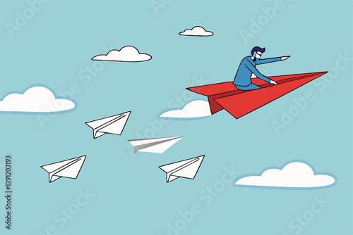 Leadership to guide team direction lead to success, determination or decision to motivate team, power to control or influence people concept, confident businessman lead other paper airplane origami.