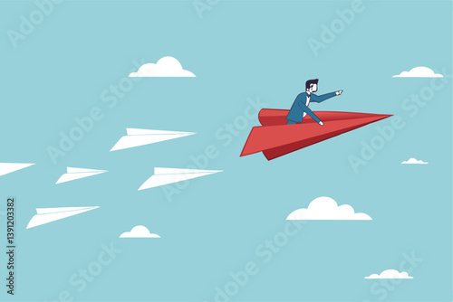 Leadership to guide team direction lead to success, determination or decision to motivate team, power to control or influence people concept, confident businessman lead other paper airplane origami.
