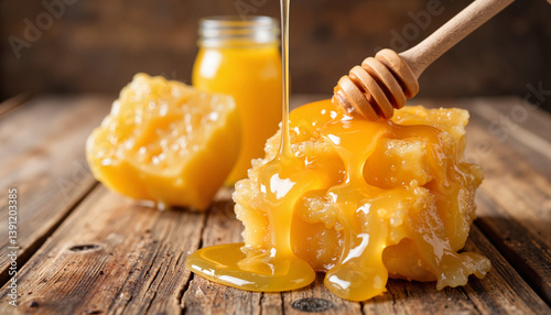 honey dripping from a spoon on a wooden board
