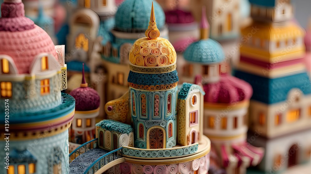Naklejka premium <Whimsical Miniature Cityscape: Fantasy Architecture with Vibrant Domes and Intricate Details>