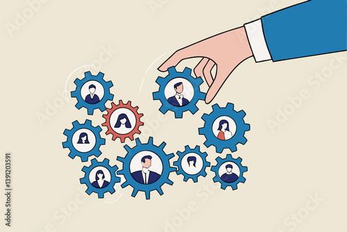 Solution for team, building organization, people management or career development, job position to help success, skill or efficiency concept, businessman hand put new employee to fix cogwheel gears.