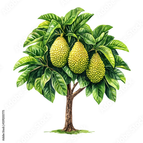 Jackfruit tree, watercolor illustration, isolated on a white background.

