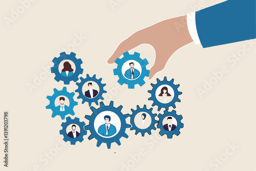 Solution for team, building organization, people management or career development, job position to help success, skill or efficiency concept, businessman hand put new employee to fix cogwheel gears.