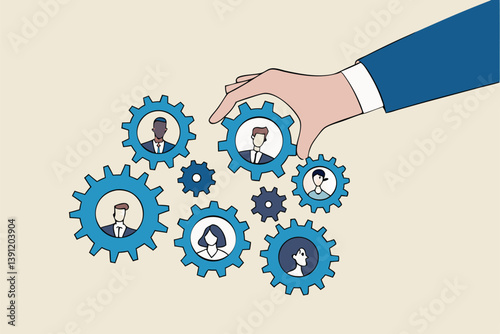 Solution for team, building organization, people management or career development, job position to help success, skill or efficiency concept, businessman hand put new employee to fix cogwheel gears.