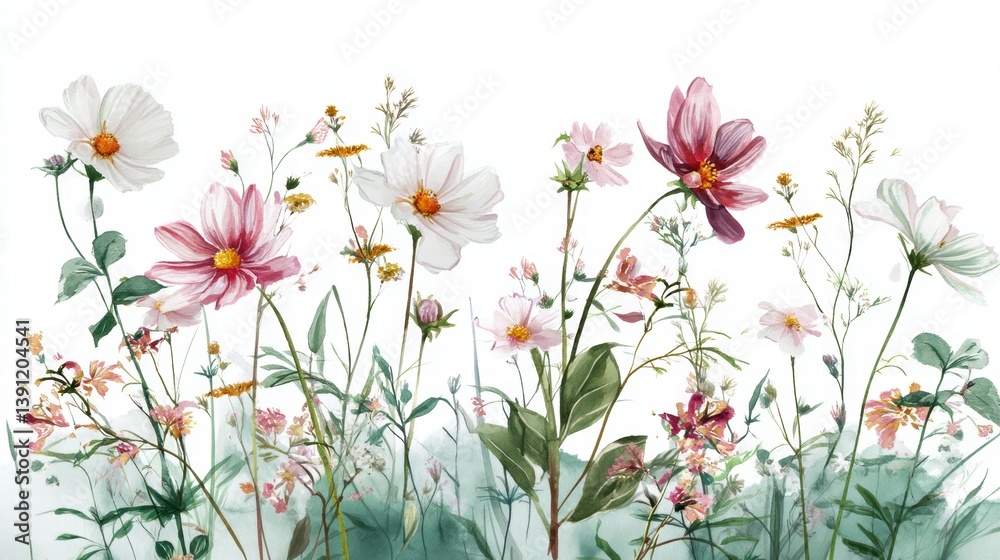 Fototapeta premium Beautiful seamless floral water color pattern Set, watercolor wild flowers, leaves and grass,Collection botanic garden elements. 