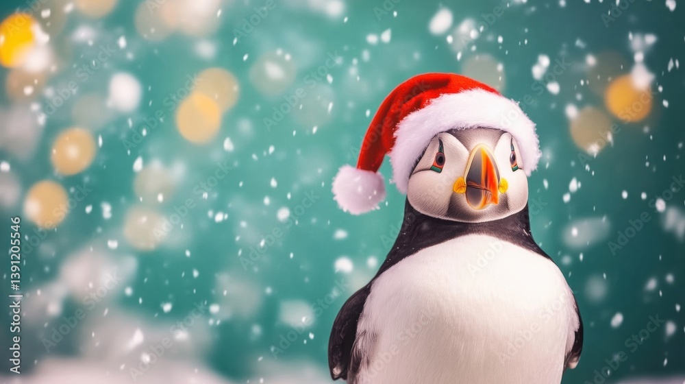 Puffin is adorned with a Santa hat while snow gently falls, creating a whimsical winter atmosphere filled with holiday cheer Puffin is adorned with a Santa hat while snow gently falls, creating a whimsical winter atmosphere filled with holiday cheer