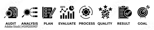 ASSESSMENT web banner concept with group of icons for business and media in mix style
