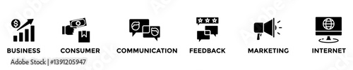 B2C web banner concept with group of icons for business and media in mix style