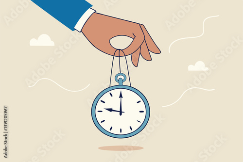 Control time, freedom or efficient time management to finish project within deadline, productivity or efficiency, productive project manager concept, businessman hand control time with clock puppet.