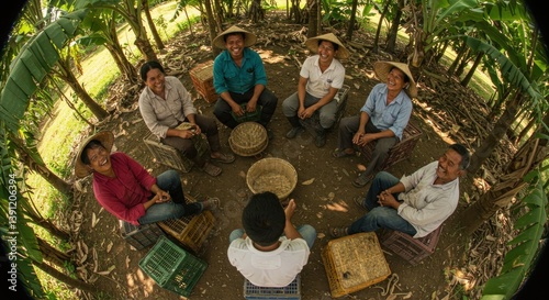 Group of Farmers Collaborating and Planning in a Banana Plantation Circle