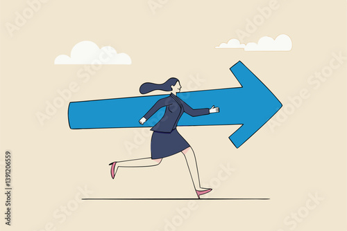 Move forward for success future, business direction, determination or courage, career path or way to success, opportunity or mission concept, confidence businesswoman running with arrow direction.