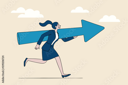 Move forward for success future, business direction, determination or courage, career path or way to success, opportunity or mission concept, confidence businesswoman running with arrow direction.