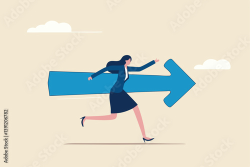 Move forward for success future, business direction, determination or courage, career path or way to success, opportunity or mission concept, confidence businesswoman running with arrow direction.