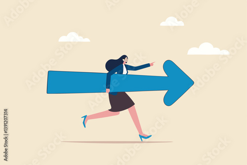 Move forward for success future, business direction, determination or courage, career path or way to success, opportunity or mission concept, confidence businesswoman running with arrow direction.