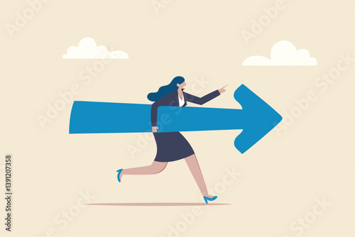 Move forward for success future, business direction, determination or courage, career path or way to success, opportunity or mission concept, confidence businesswoman running with arrow direction.