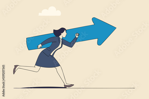 Move forward for success future, business direction, determination or courage, career path or way to success, opportunity or mission concept, confidence businesswoman running with arrow direction.
