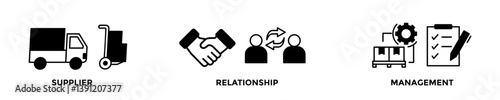 SRM web banner concept with group of icons for business and media in mix style
