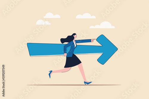 Move forward for success future, business direction, determination or courage, career path or way to success, opportunity or mission concept, confidence businesswoman running with arrow direction.