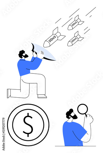 Man deflects DDoS attacks using a shield, dollar coin symbolizing financial protection, and a magnifying glass emphasizing security analysis. Ideal for cybersecurity, finance, resilience, risk