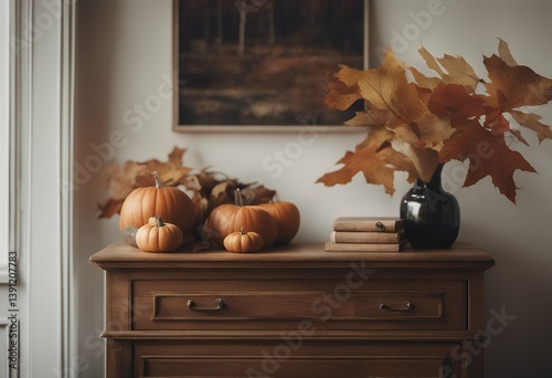 chest decoration interior drawer autumn vegetable dresser broun food design wooden commode white wall apartment orange home domestic halloween decor holiday blue candle wicker room background pumpkin