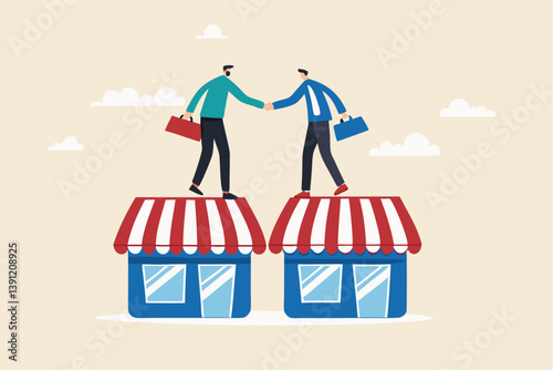 B2B, business to business sale agreement, enterprise commerce, contractor or supplier trade between company concept, businessman owner handshake on enterprise shop for B2B agreement.