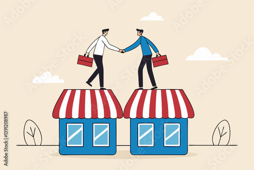 B2B, business to business sale agreement, enterprise commerce, contractor or supplier trade between company concept, businessman owner handshake on enterprise shop for B2B agreement.